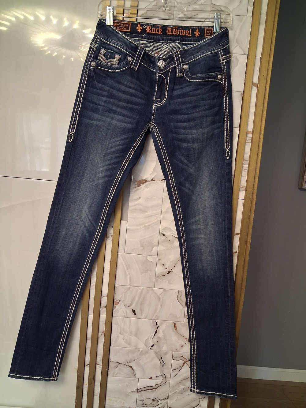 Rock Revival Women's Indigo Skinny Jeans with White Contrast Stitching